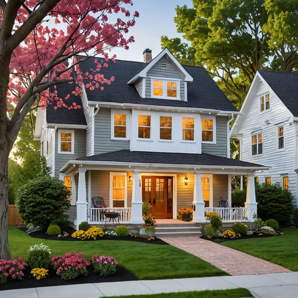 A cozy home with a welcoming front porch, featuring a family happily discussing mortgage options, surrounded by essential tools like calculators, documents, and a laptop. The background shows a vibrant neighborhood with blooming trees, symbolizing growth and stability. Soft sunlight enhances the positive atmosphere. super-realistic. vibrant colors. warm tones.
