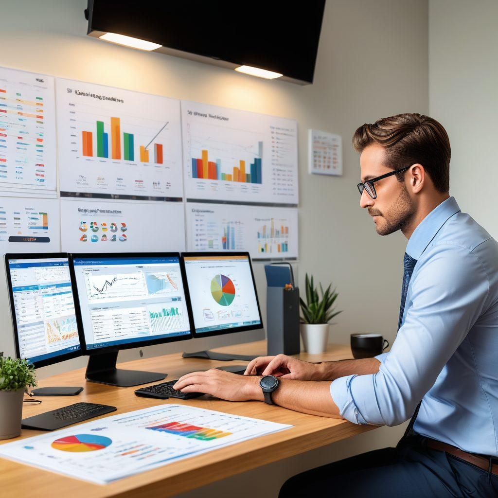 A modern financial advisor sitting at a sleek desk, analyzing various digital tools to compare mortgage rates. Include a laptop displaying graphs and mortgage calculators, alongside a coffee cup and financial documents. The background showcases a bright and inviting office space with motivational quotes on the walls. super-realistic. vibrant colors. clean design.