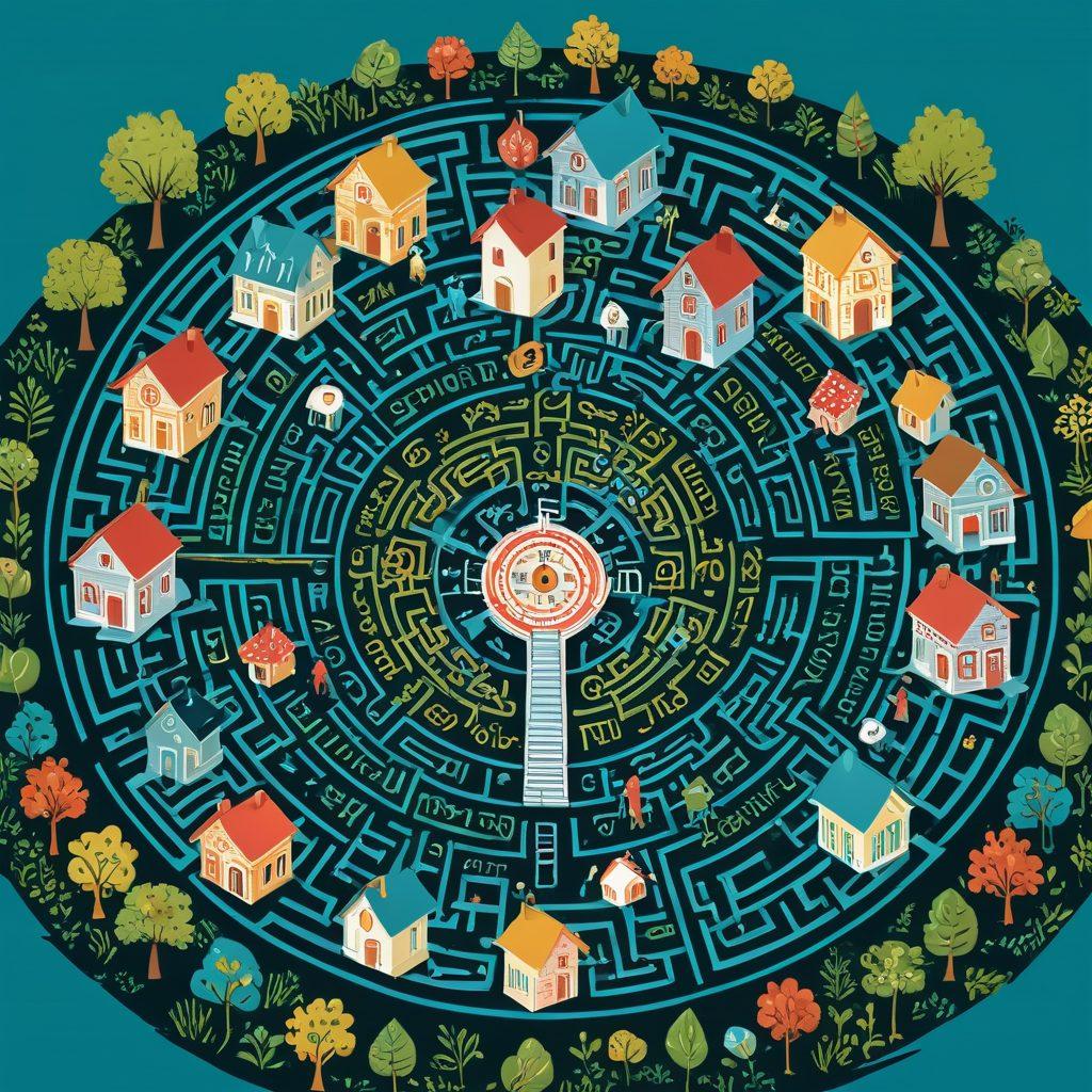 A labyrinth made of houses and dollar signs, with a guiding compass in the center symbolizing direction. Add a friendly, knowledgeable figure offering tips, surrounded by colorful signposts indicating financial success. The maze should be intricate yet inviting, conveying the complexity of mortgages. Use bright and engaging colors to attract the viewer's attention. vector art. vibrant colors.